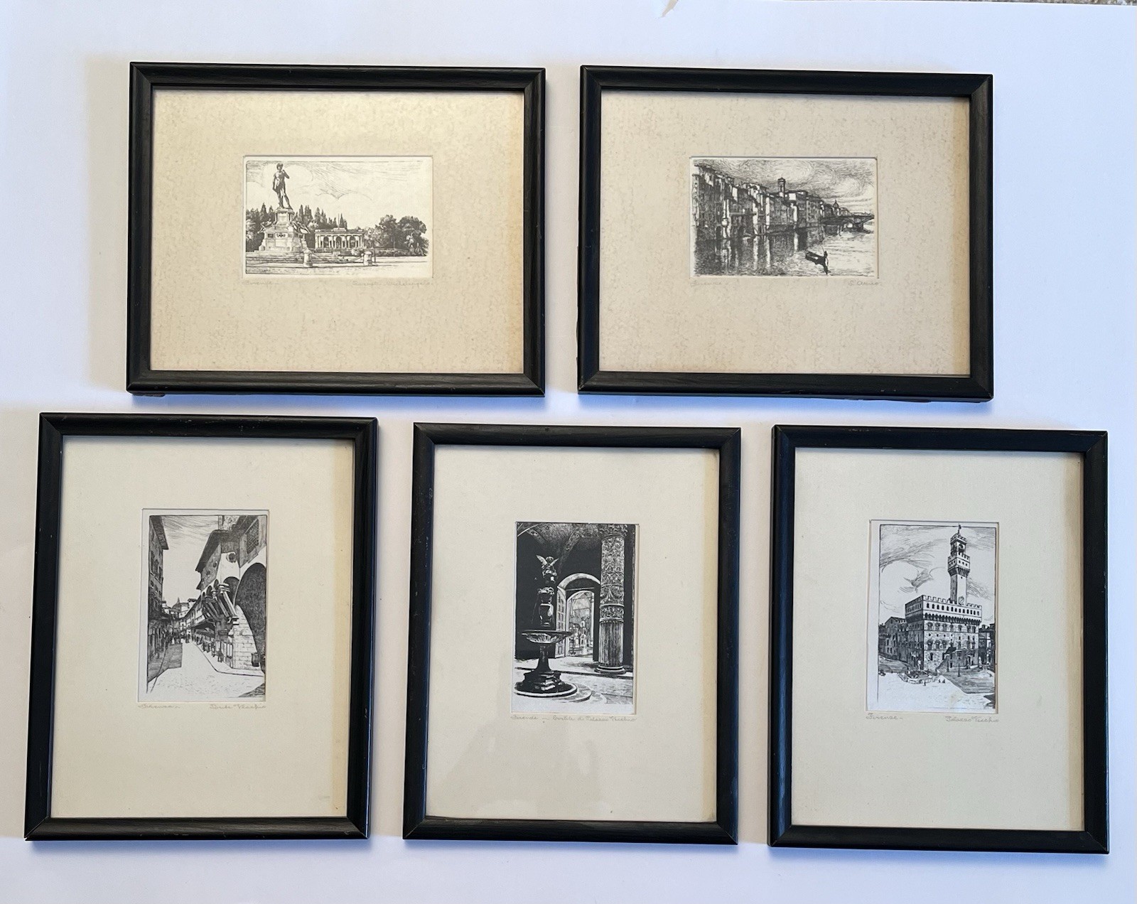 1940s Florence Italy Print Set -5 Framed Historical Architecture Etching