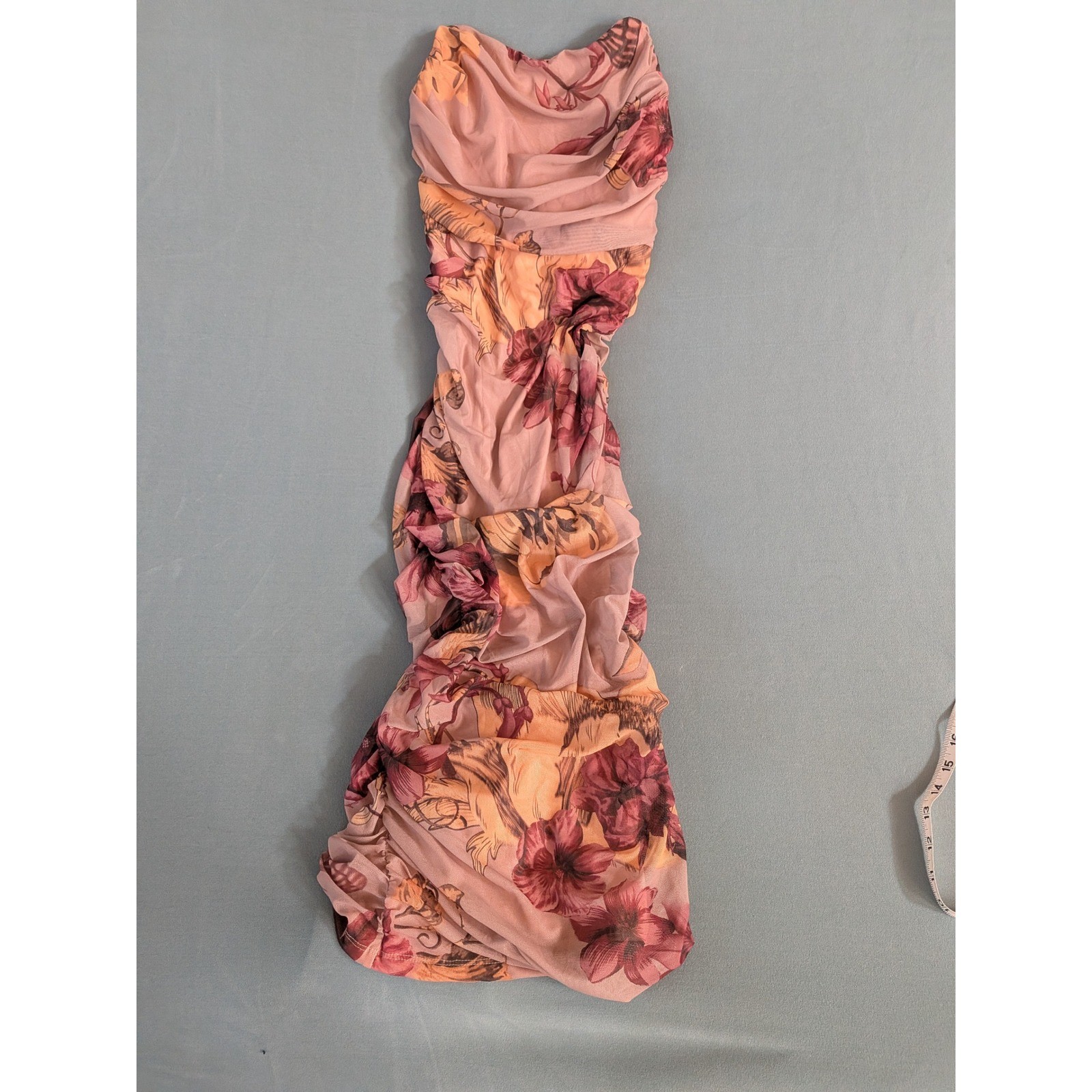 Floral Mesh Ruched Shein Bodycon Midi Dress Pink Orange Size M Floral Mesh Ruched Shein Bodycon Midi Dress Pink Orange Size M