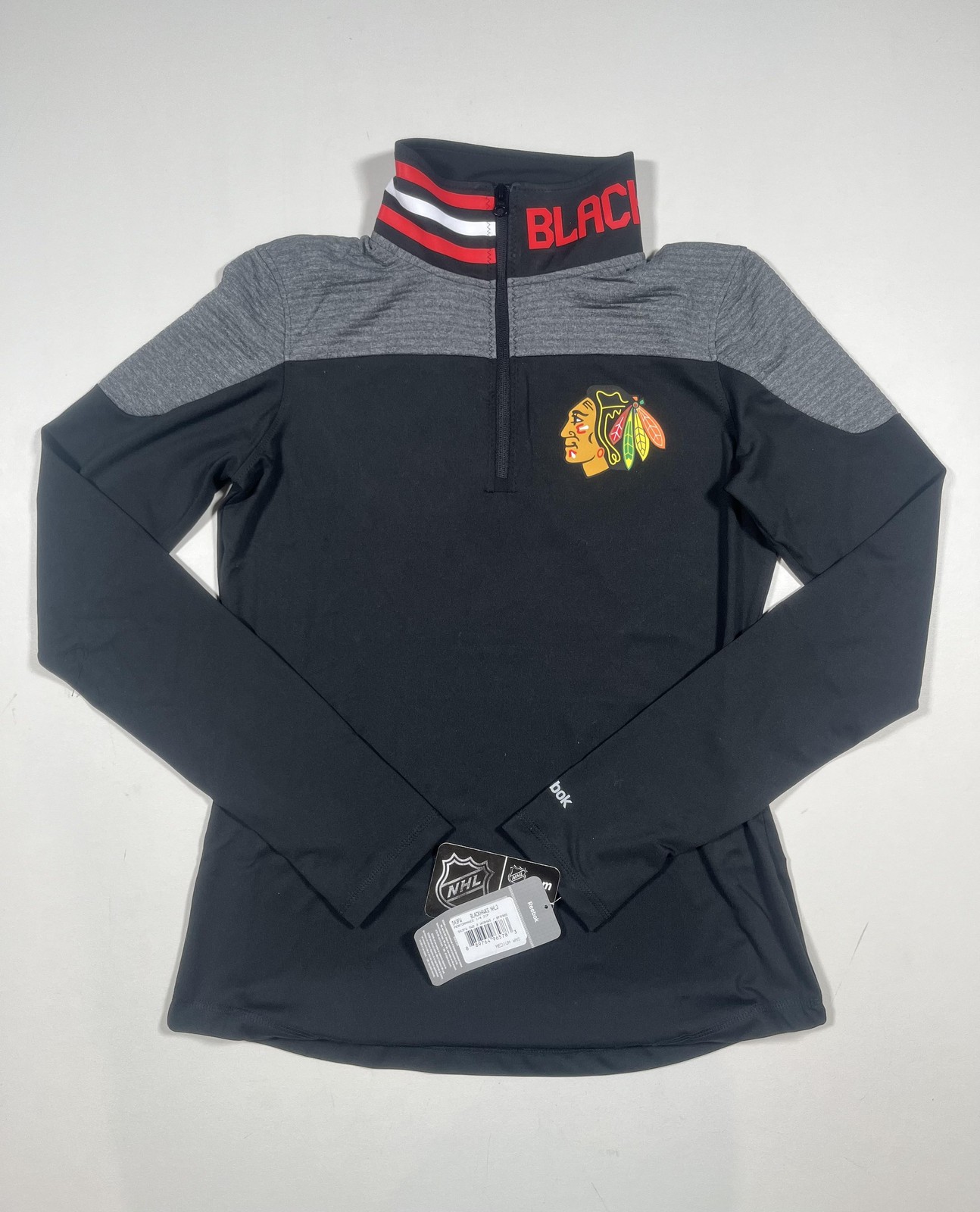 New Chicago Blackhawks Shirt Womens Medium Black NHL Hockey Reebok Quarter Zip