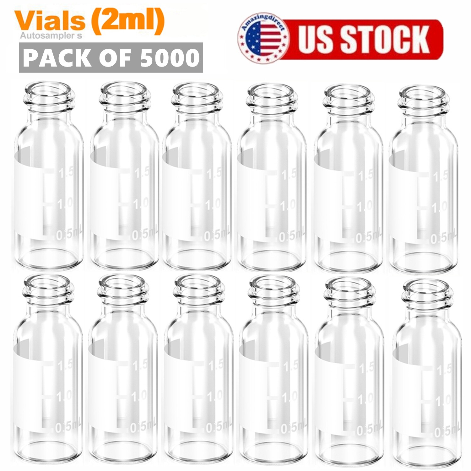 5000pcs 2mL Autosampler Vials,9-425 HPLC,Writing Area Clear Glass Sample Bottles