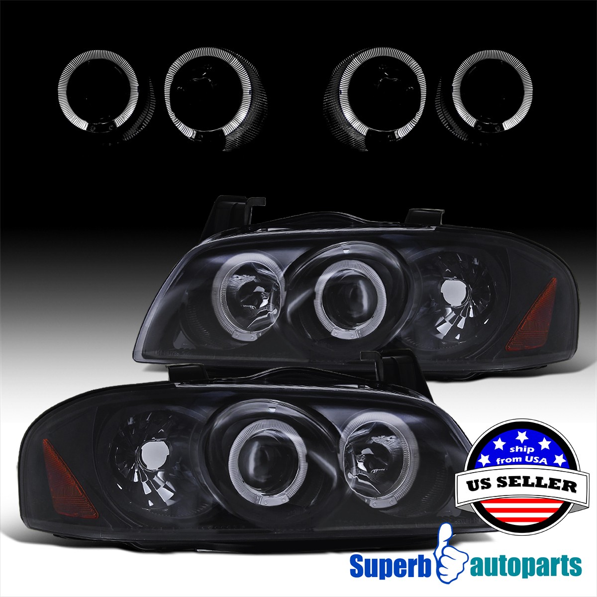 Fits 2004-2006 Sentra Smoke Halo Projector Headlight Glossy Shiny Black