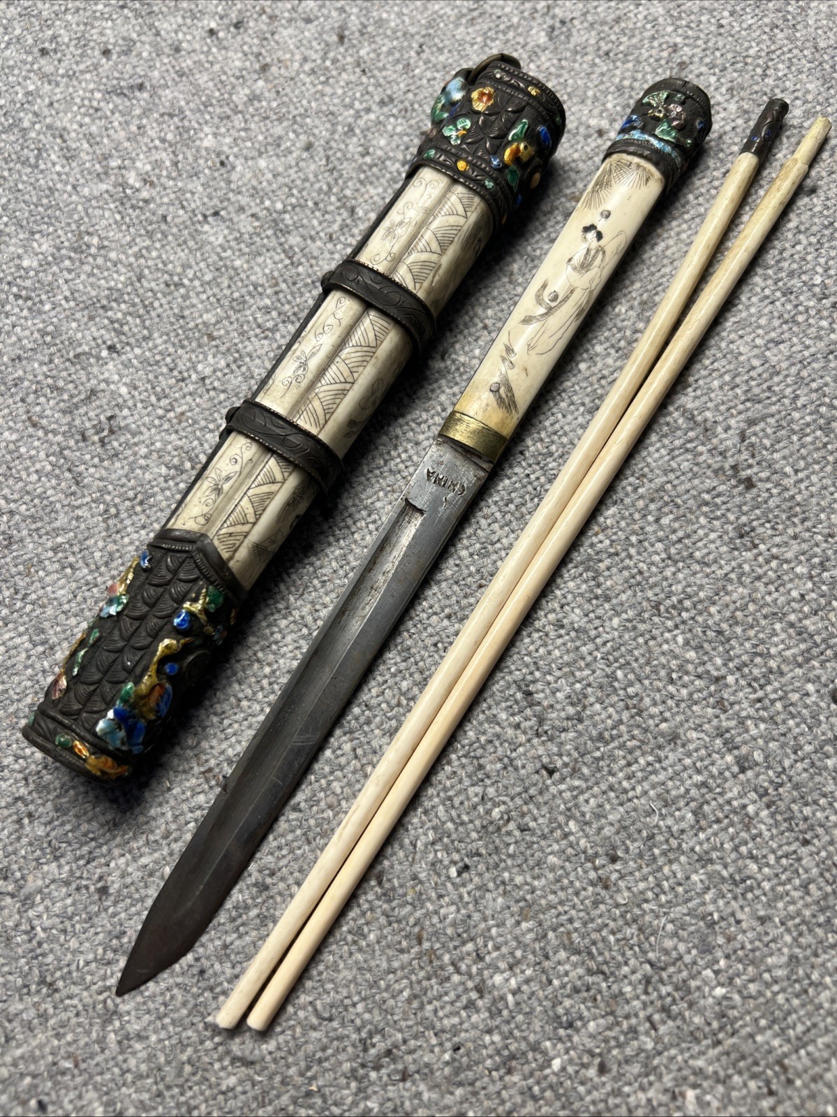 VTG Chinese Traveling Trousseau Knife And Chopsticks Set Bone 19th Century