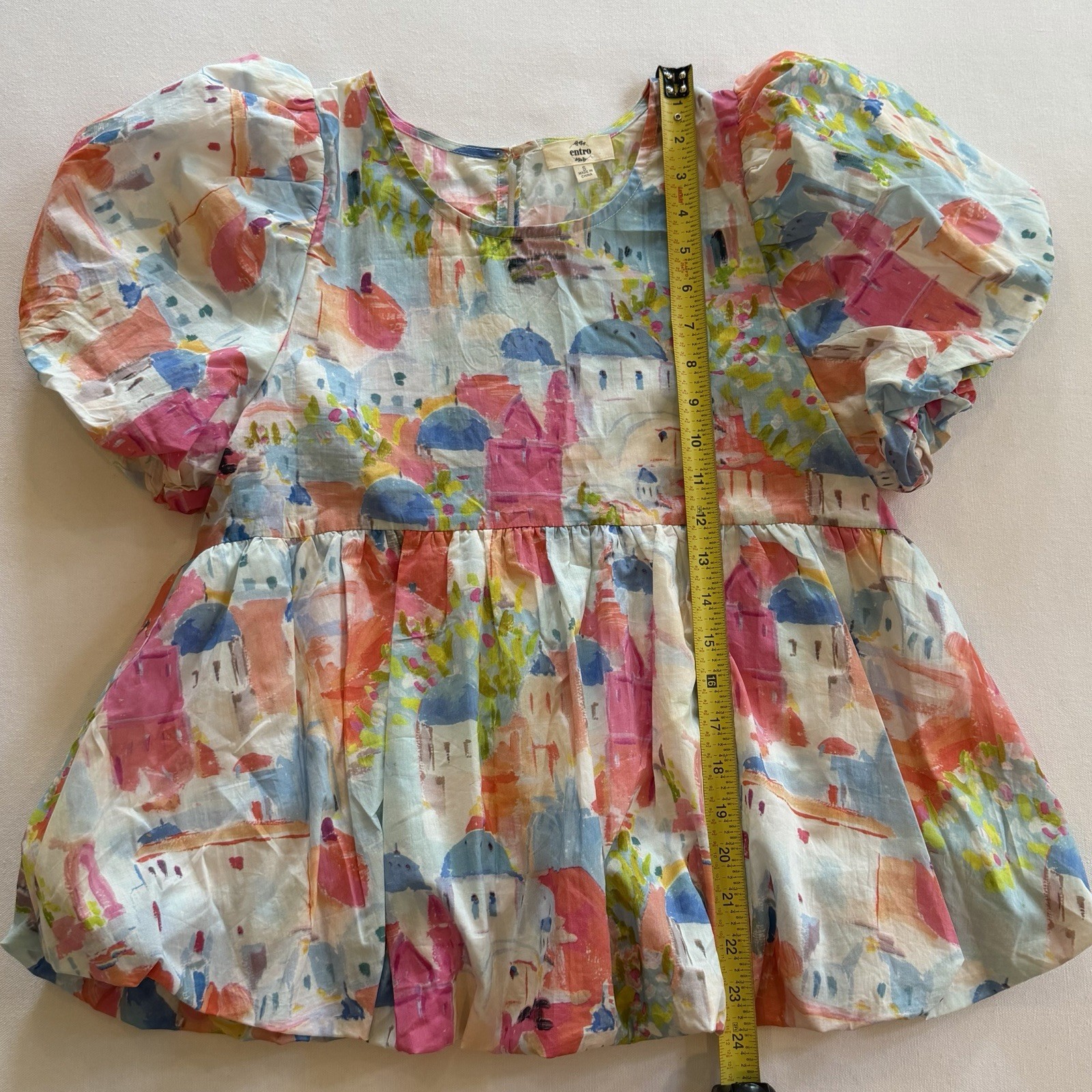 Entro Women\'s Colorful Mediterranean Floral Blouse Small Babydoll Boho EUC