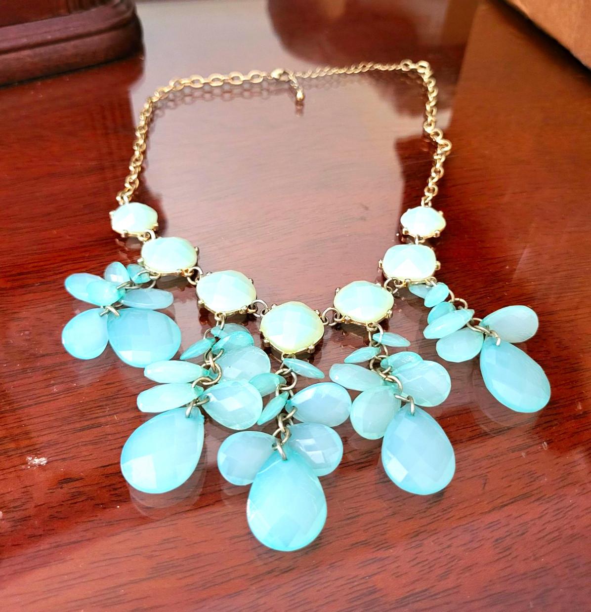 Gold Tone Cable Chain Statement Bib Necklace Blue Teardrop Drops Adjustable