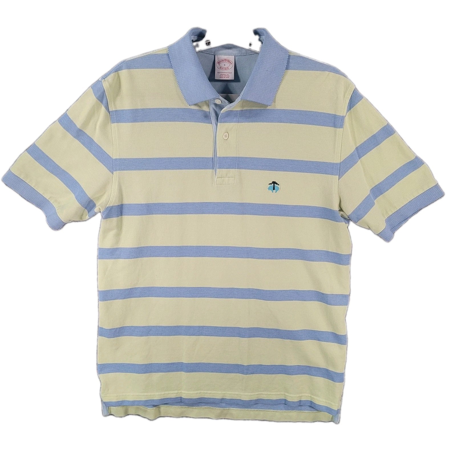 Brooks Brothers Performance Polo Men Small Lime Green Blue Striped Original Fit