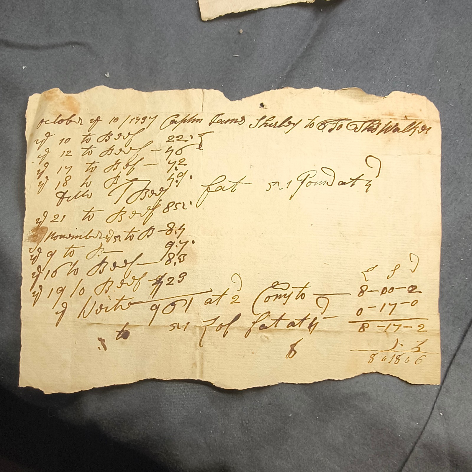 1737 Colonial Butcher Bill Captain James Shirley to Thomas Walker Beef & Tallow