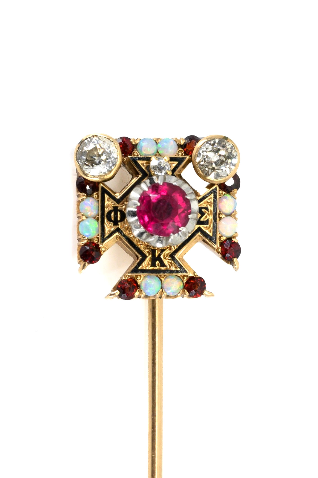 Antique Phi Kappa Sigma 14K Gold Fraternity Stickpin Diamond Opal Garnet Badge