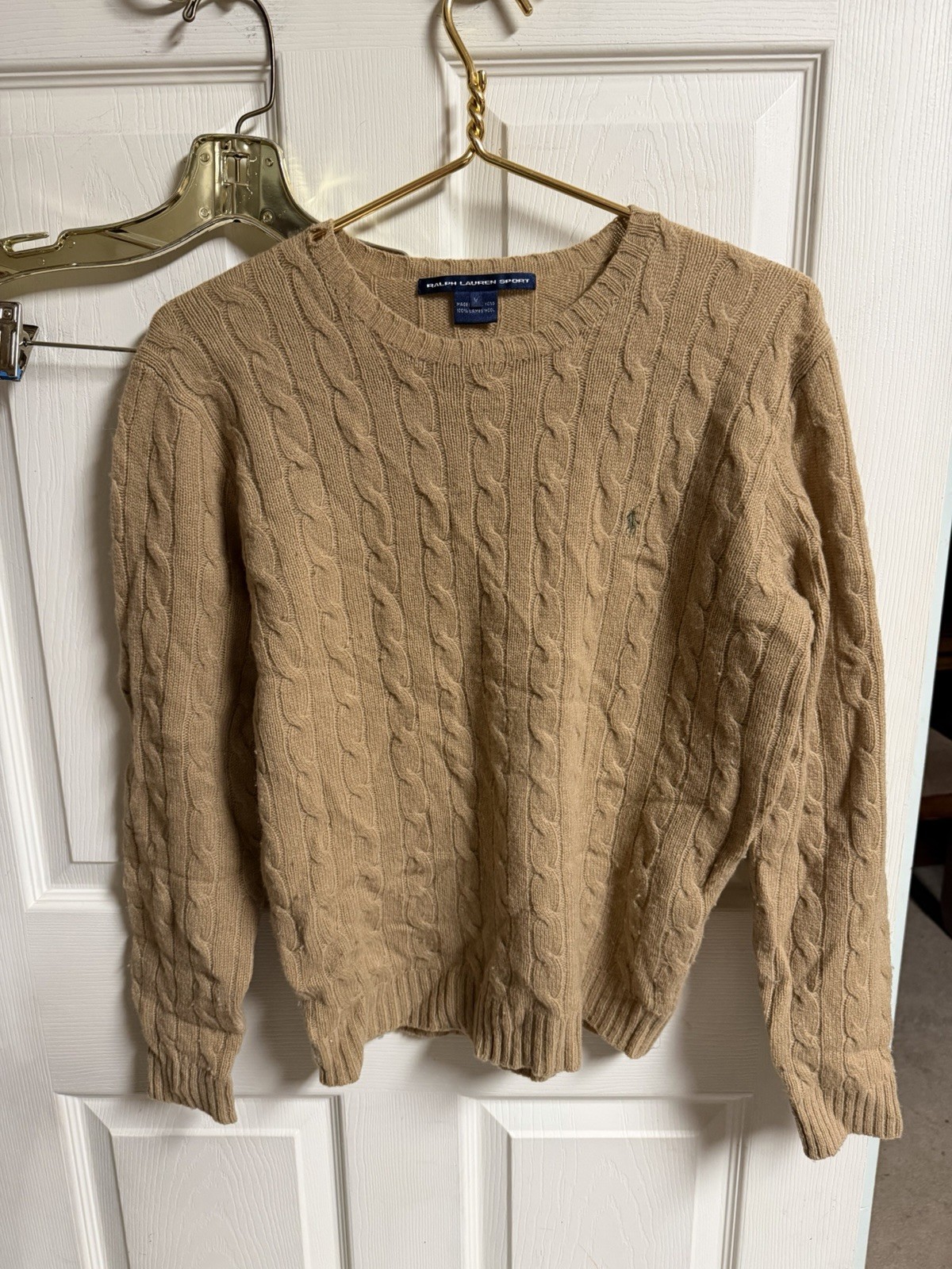 Vnt 90s Ralph Lauren Sports Lambswool Sweater Women Med Tan Cable Knit Hole 40w Vnt 90s Ralph Lauren Sports Lambswool Sweater Women Med Tan Cable Knit Hole 40w