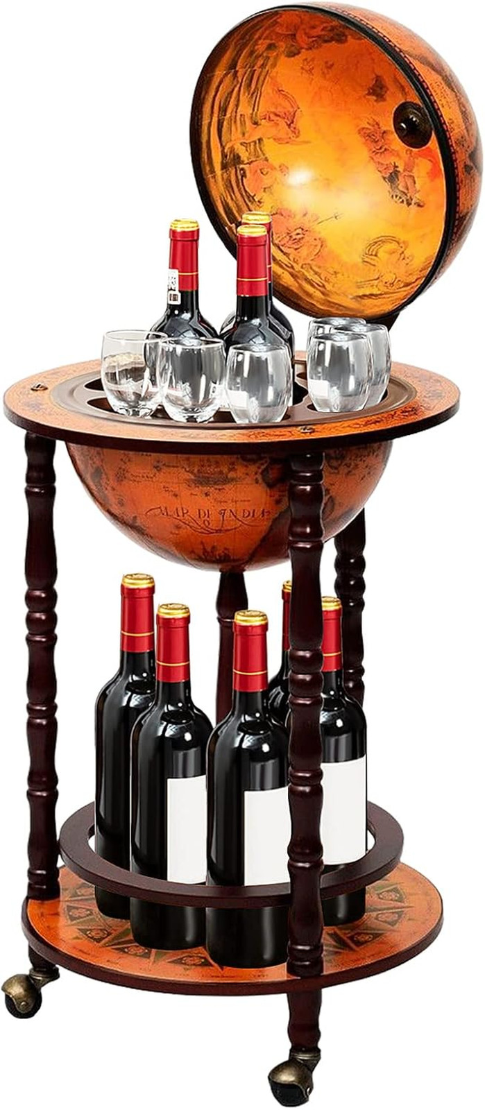 Globe Wine Bar Cabinet, Italian Replica Bar Cart with Wheels and Liquor Bottle S