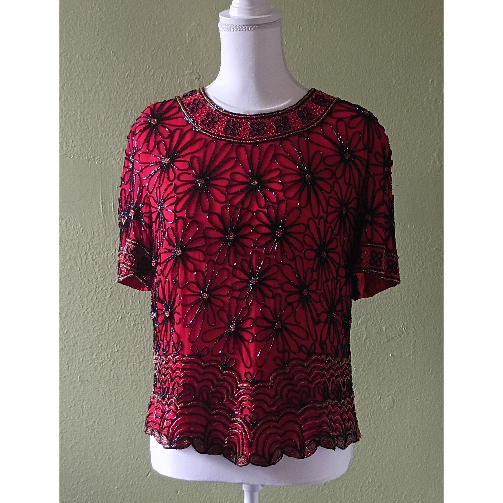 Vintage Glam Art Deco Red Silk Beaded Floral Blouse Top Womens XL Extra Large