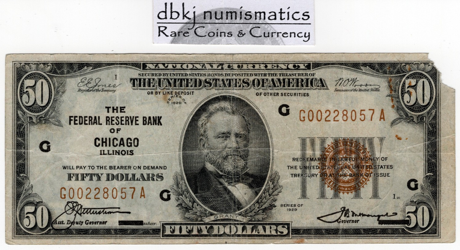 1929 $50 National Currency The Fed Reserve Bank of Chicago FR 1880G VF Dmg dbkjA 1929 $50 National Currency The Fed Reserve Bank of Chicago FR 1880G VF Dmg dbkjA