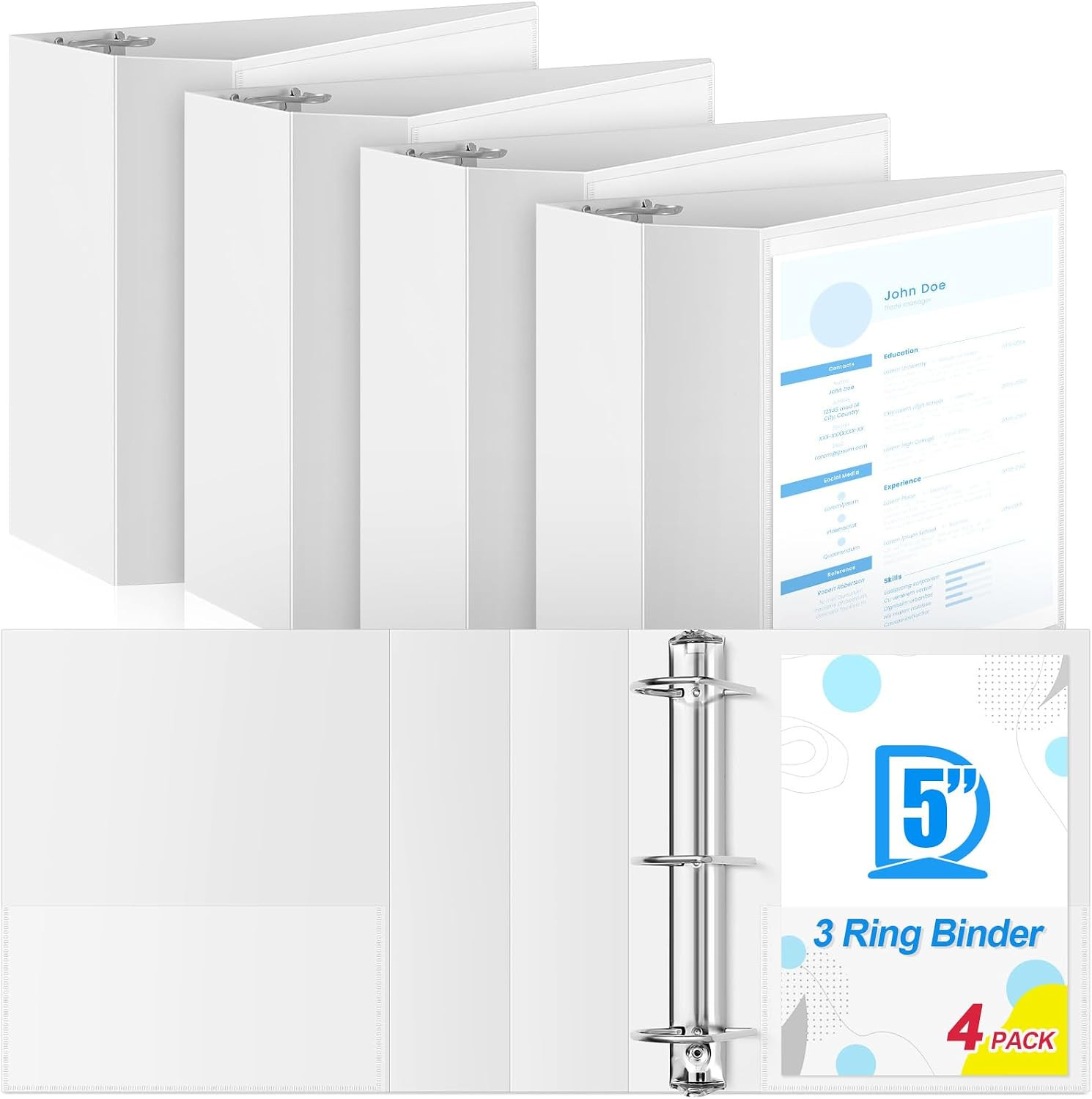 Henoyso 4 Pack 5 Inch D-Ring 3 Ring Binders with Clear Pocket, Heavy Duty Large