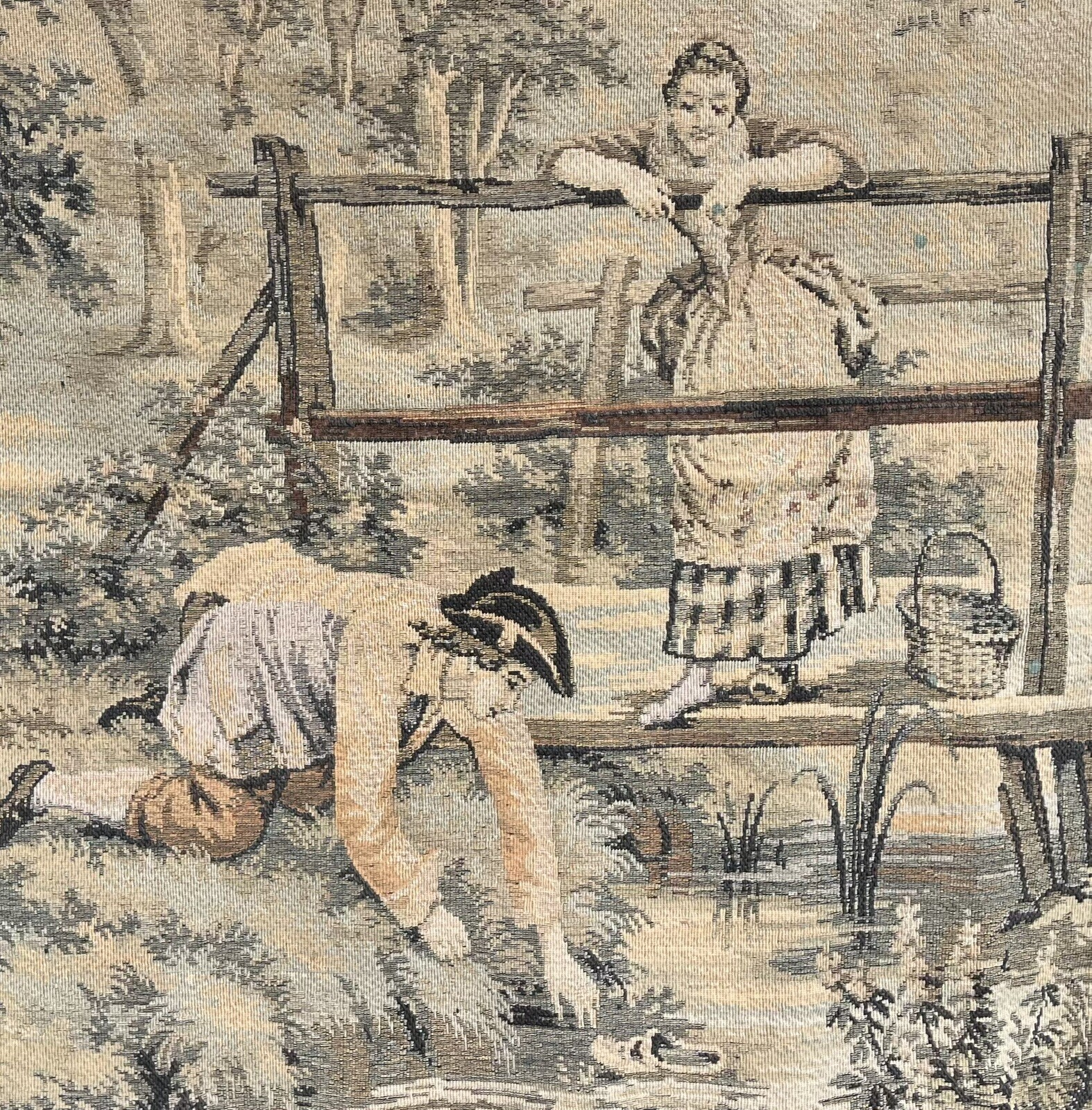 Vintage Woven Tapestry Wall Hanging Colonial Man Fishing Lady\'s Shoe from Creek