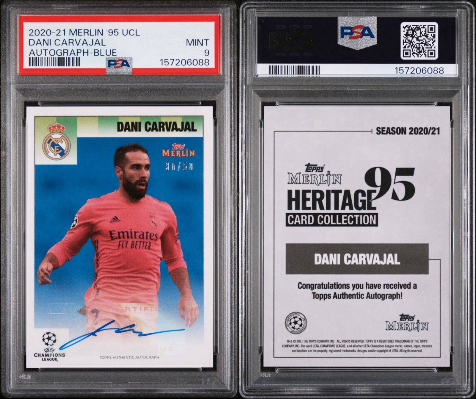 2020-21 Topps Merlin 95 Dani Carvajal Blue Auto 30/50 Real Madrid PSA 9
