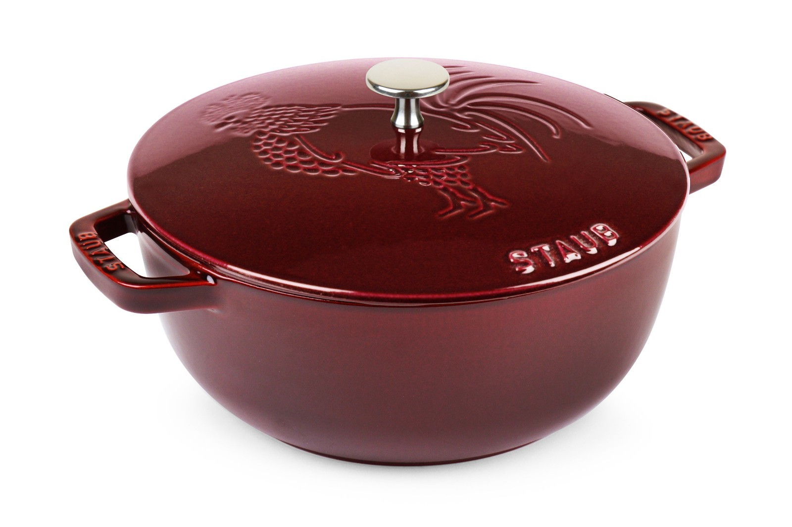 Staub Cast Iron 3.75 qt Essential French Oven Rooster Lid Grenadine NWB France Staub Cast Iron 3.75 qt Essential French Oven Rooster Lid Grenadine NWB France