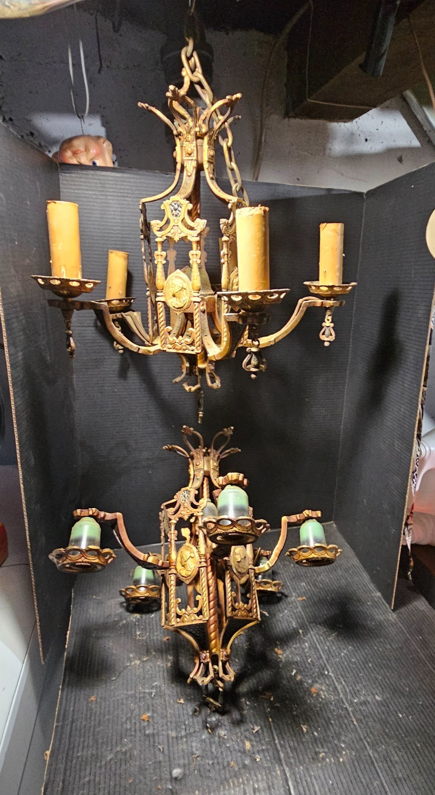 NICE Pair Matching Cast Brass Cameo 5 Light Chandeliers Medieval Spanish Revival