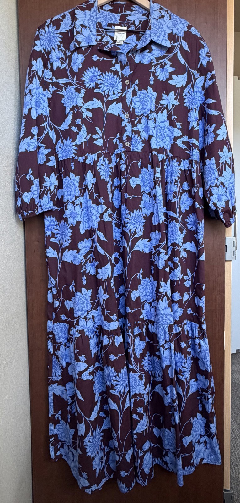 Maeve by Anthropologie Bettina Cotton Midi Dress Brown Blue Floral Size L