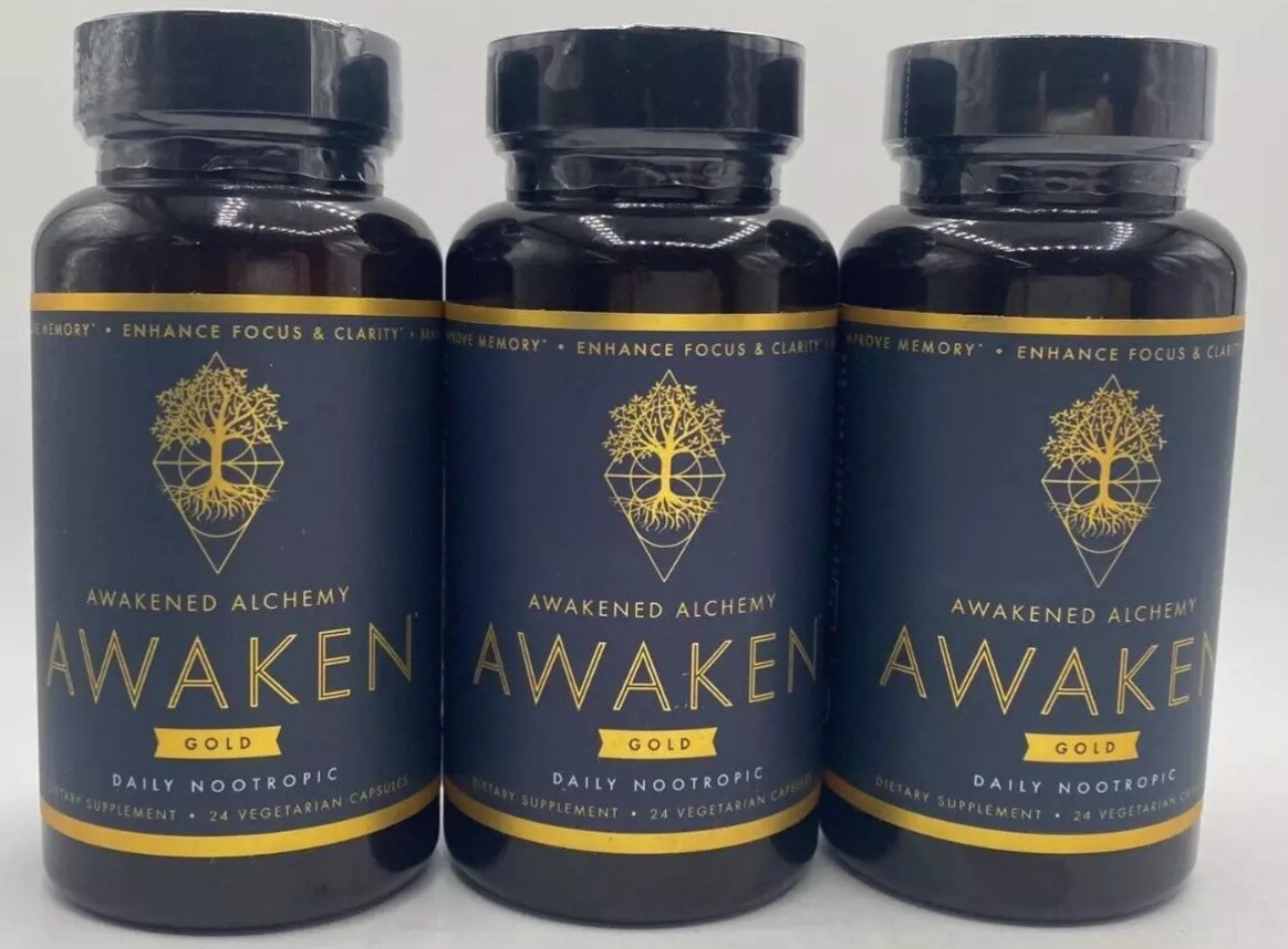 3PK Awakened Alchemy Awaken Gold Daily Nootropic ~ 24 Veg Caps Each ~ EXP 12/25+