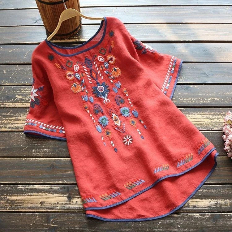 Women’s Embroidered Flowers Cotton Linen Blouse – Casual Summer Boho Top Hot