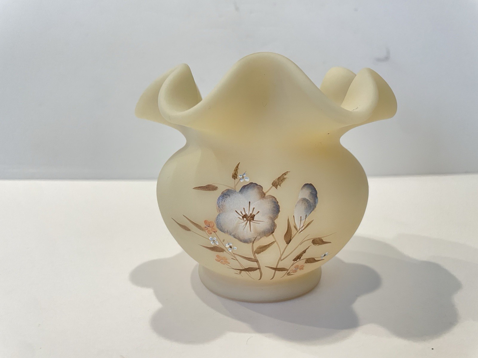Vintage Fenton Ruffled Custard Satin Glass Bowl Signed by D. Hill Vintage Fenton Ruffled Custard Satin Glass Bowl Signed by D. Hill