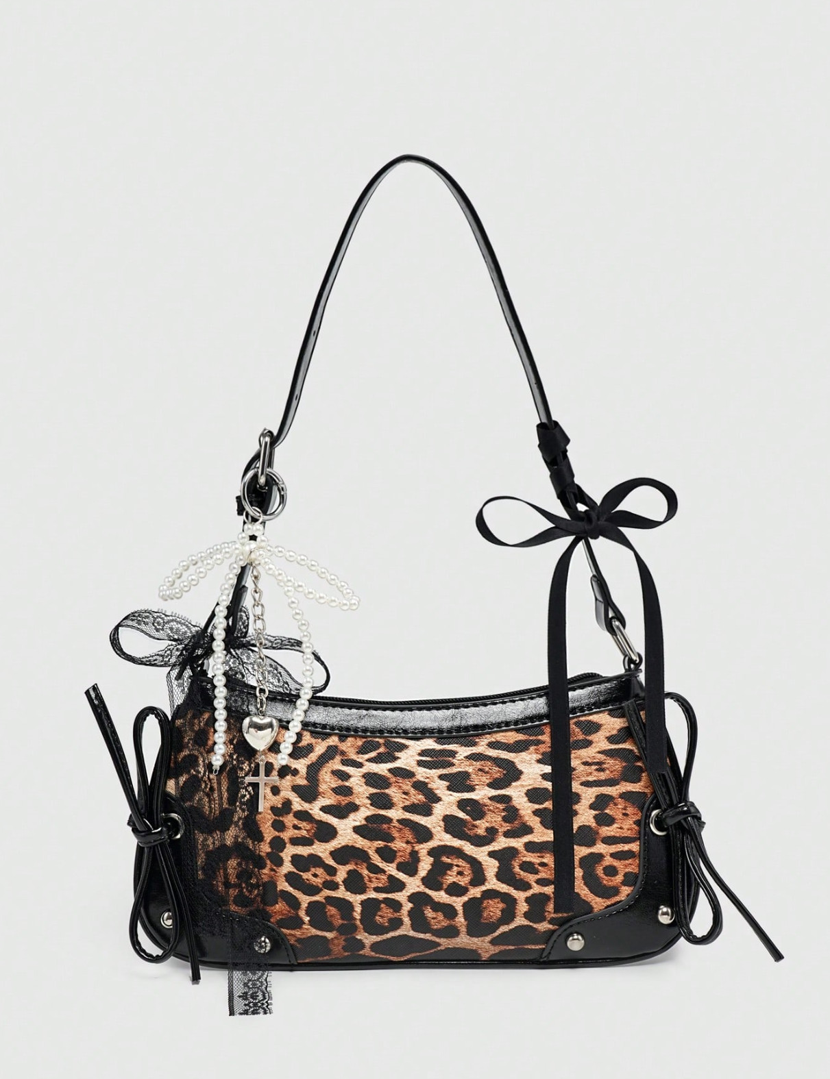 Women\'s Kawaii Ladies Vintage Leopard Print Shoulder Bag Bow Pearl Charm Hobo