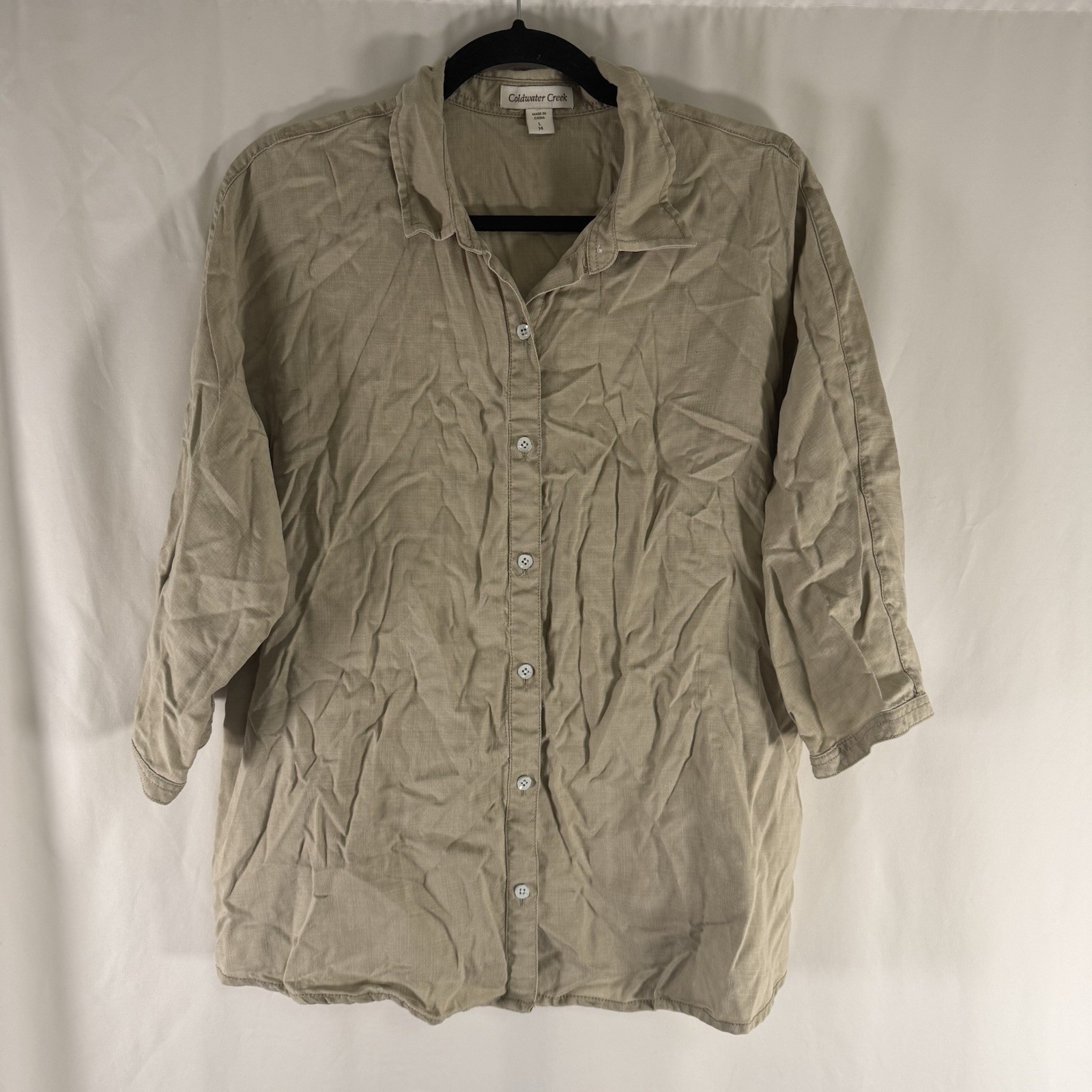 Coldwater Creek Tencel Blouse Women\'s Large 14 Beige Button Up 1/2 Sleeve Collar