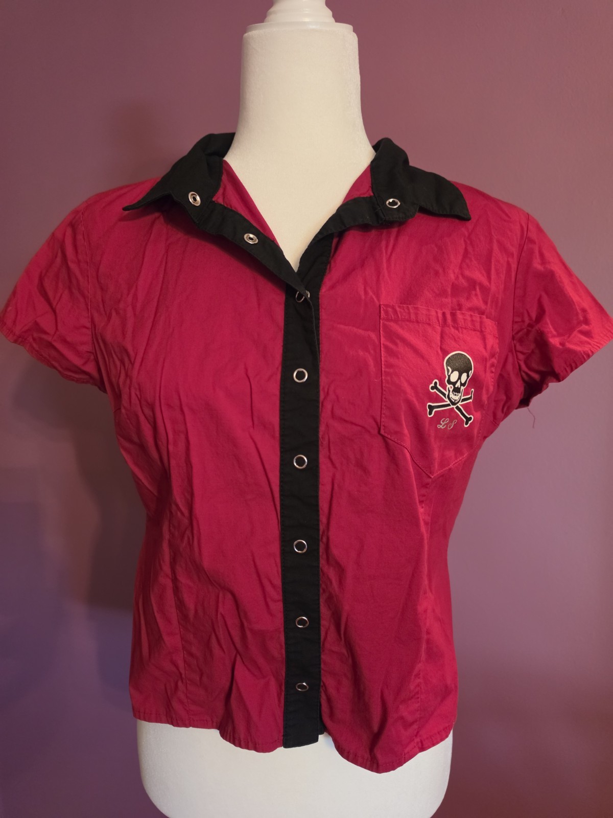 Rare Vtg Y2k Lip Service Red Punk Skater Buttom Up Shirt With Skull CUTE