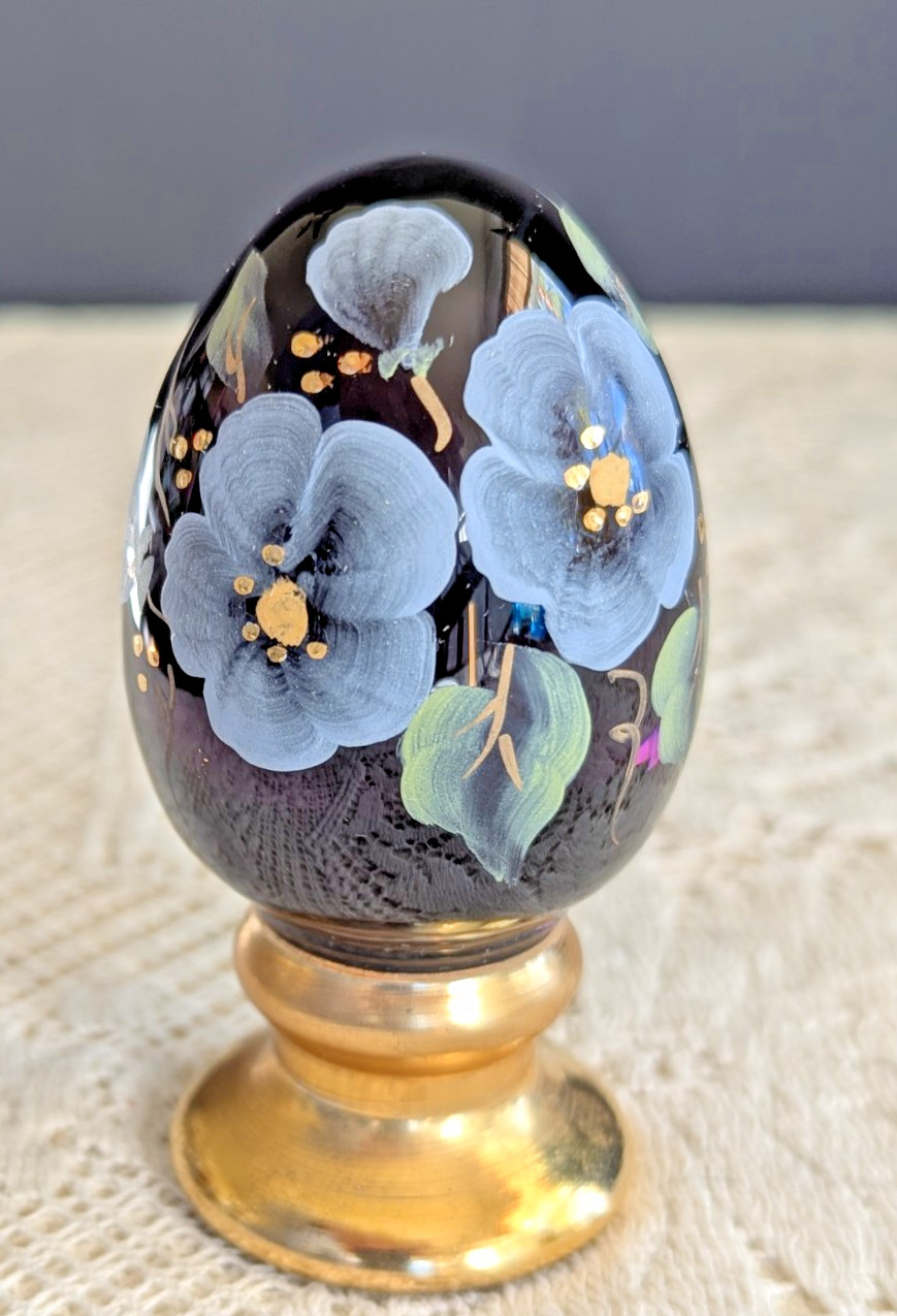 vtg Fenton Amethyst Glass Egg Gold Pedestal Floral Hand painted Limited Edition