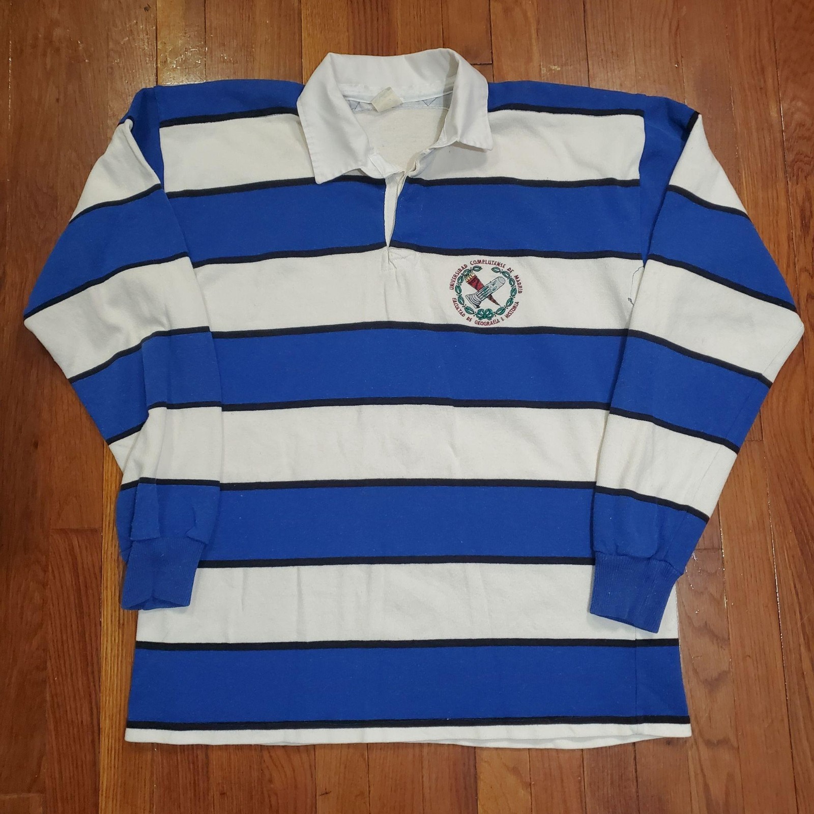 OVAL Polo Shirt Mens XL Blue White Striped Rugby Universidad Complutense 20