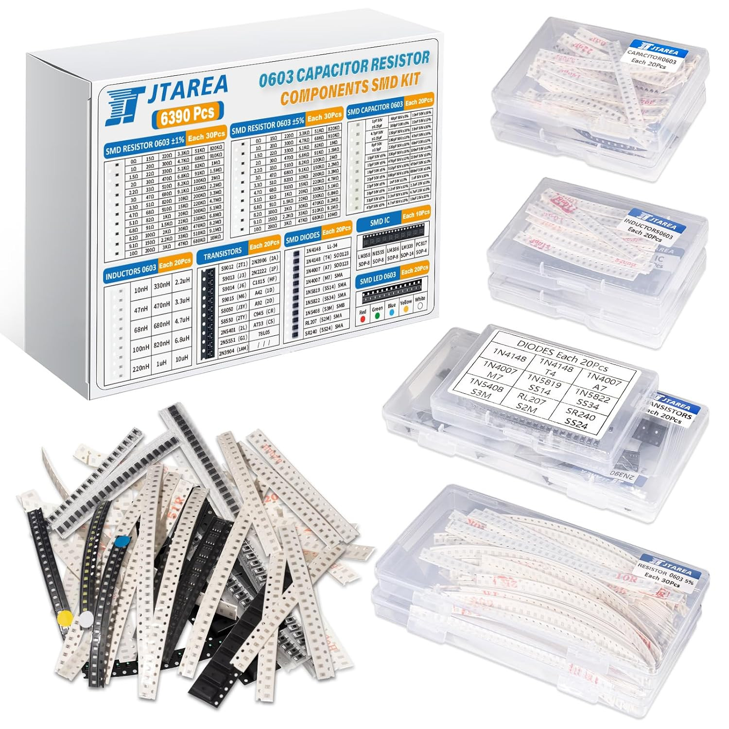 6390pcs 0603 SMD Electronic Component Kit 1% 5% Resistor Capacitor Diode Transis 6390pcs 0603 SMD Electronic Component Kit 1% 5% Resistor Capacitor Diode Transis