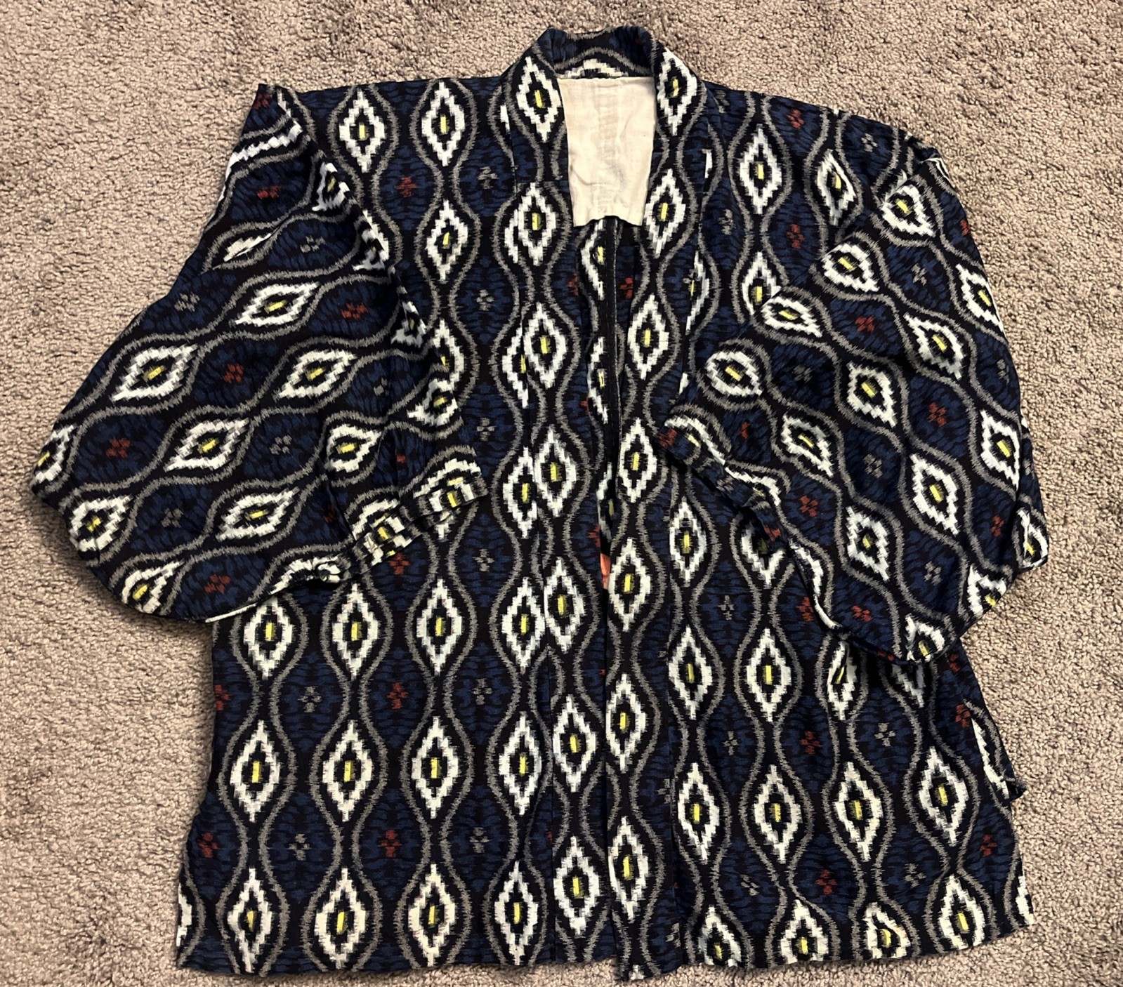 VTG Handmade Indigo Cotton Ikat Jacket Kimono Noragi Boho Geometric Folkware VTG Handmade Indigo Cotton Ikat Jacket Kimono Noragi Boho Geometric Folkware