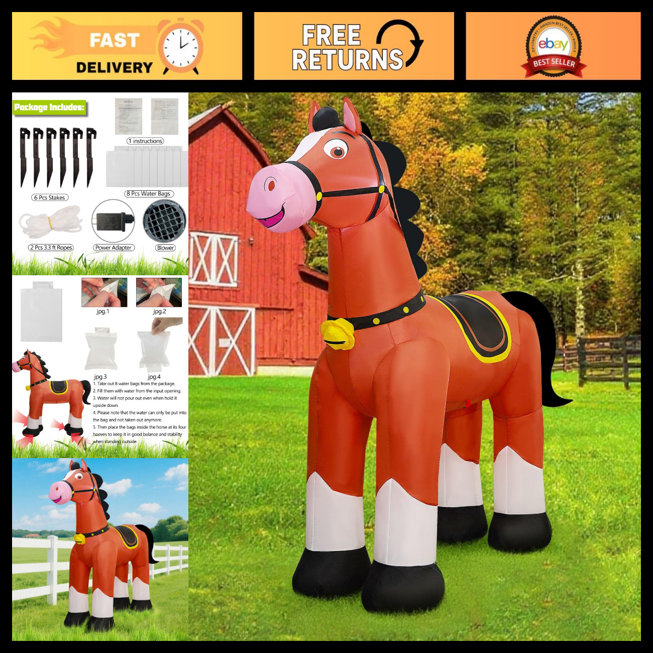 Giant 6.2FT Inflatable Horse for Kids - Outdoor Fun, Pool Party Decoration, Yard