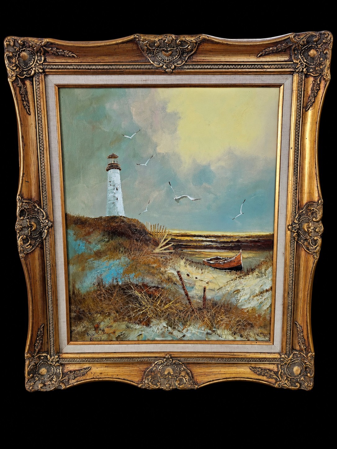 Vintage Ornate Lighthouse Seascape Oil Painting 27x31 Gold Frame Signed Engel