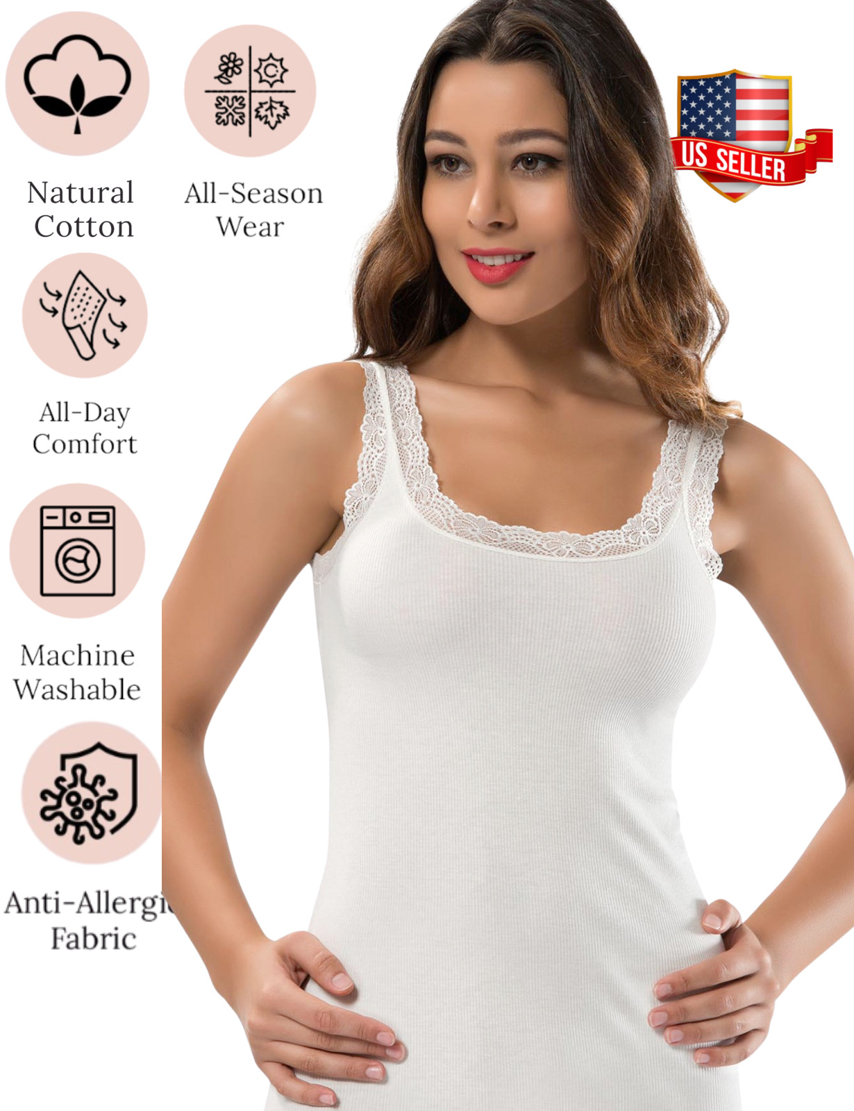 Wome\'s  Sleeveless Ribbed Cotton Tank Top Camisole with Lovely Lace Trim Soft