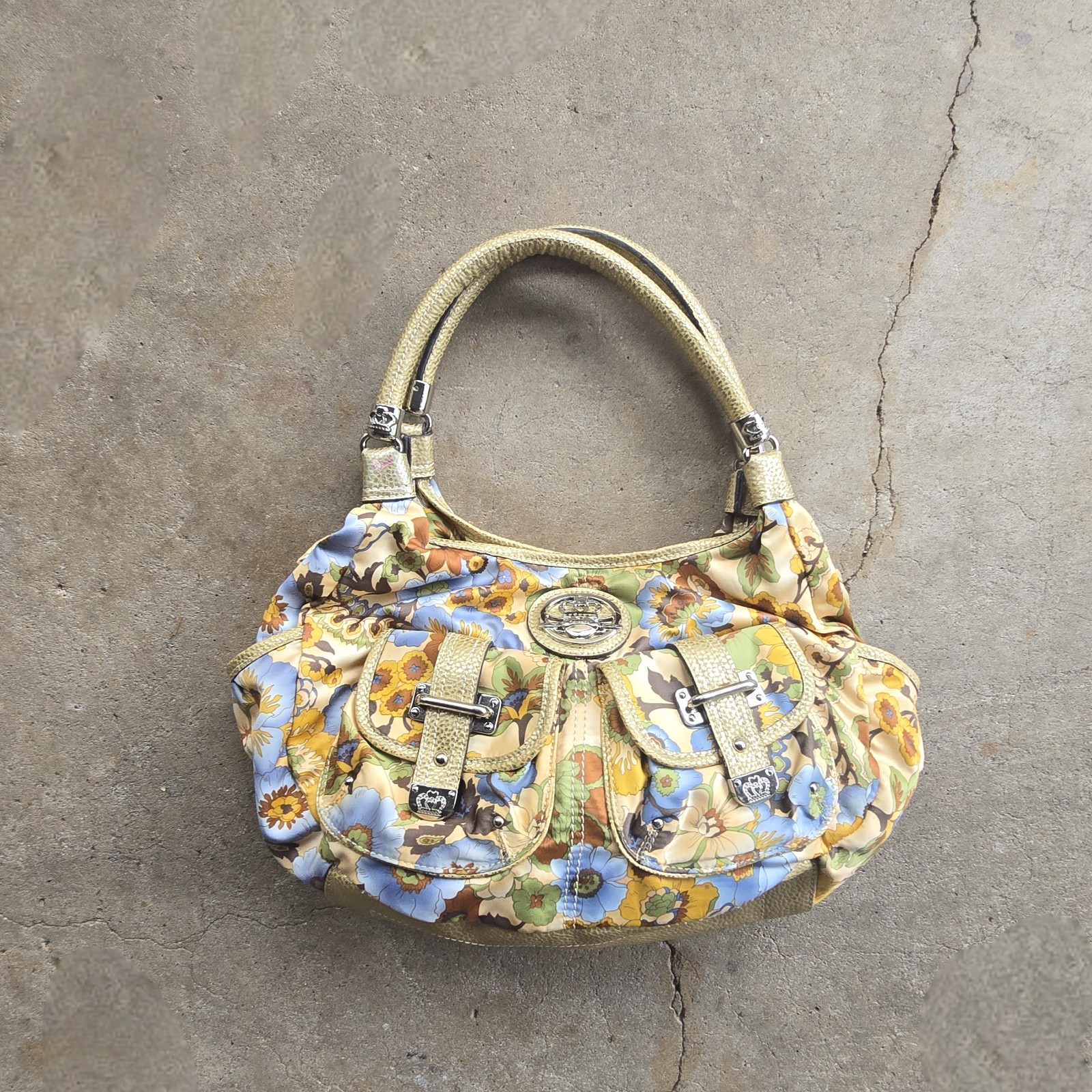 Vintage Kathy Van Zeeland Y2K Floral buckle satin Hobo Bag Crown Logo