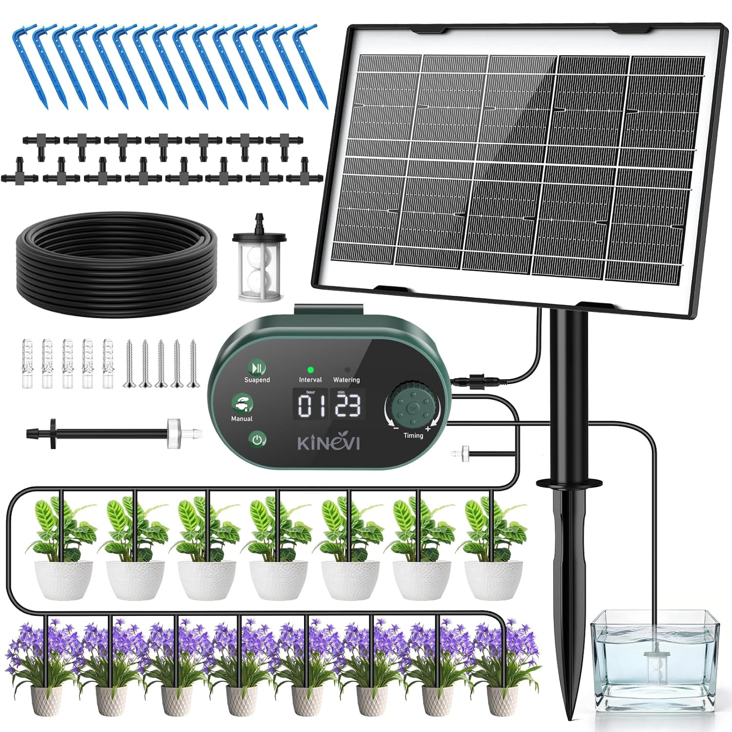 Solar Drip Irrigation System Kit, Auto Plant Waterer for 15 Pots（Green）