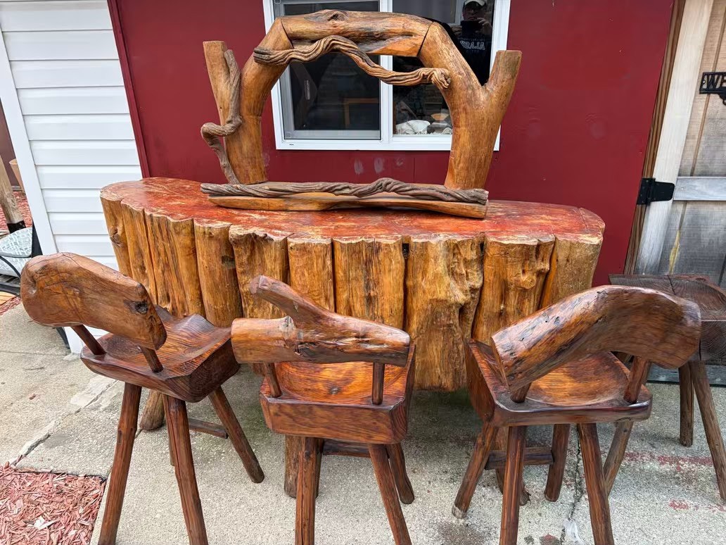 Vintage MCM Mexican Handcrafted Log Bar, Stools, Shelf Set -- LOCAL PICKUP ONLY