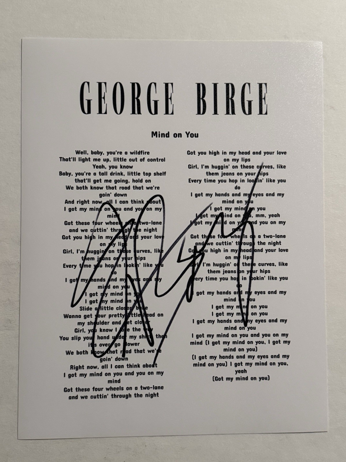 GEORGE BIRGE SIGNED LYRIC SHEET AUTOGRAPHED COUNTY MUSIC STAR RARE COA