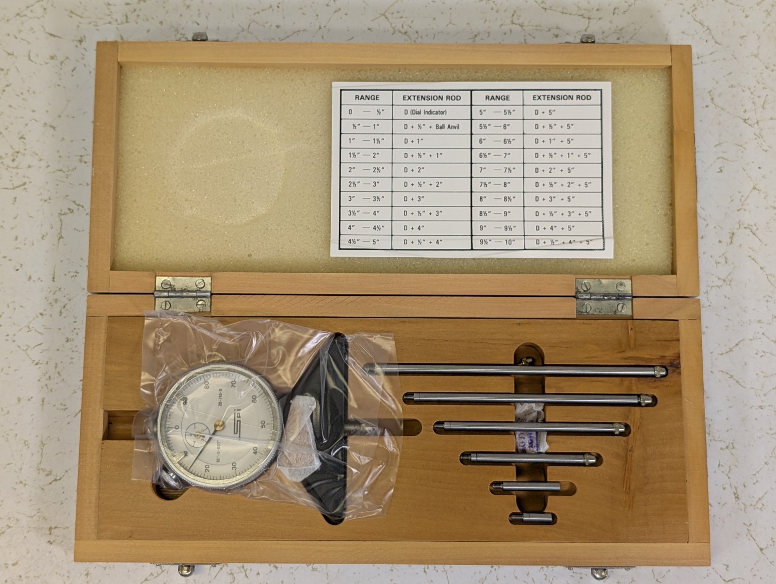 SPI Dial Depth Gauge Set.  P/N 20-710-0, Range is 0-10 Inch Range