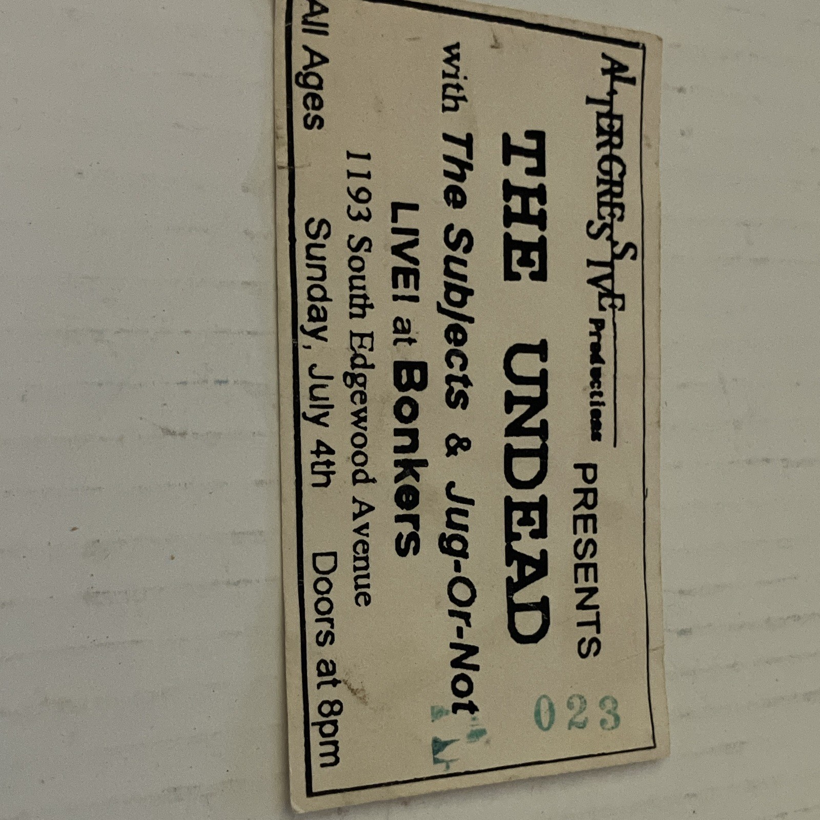 VINTAGE THE UNDEAD Concert Ticket Stub Misfits Bobby Steele Horror Punk Bonkers