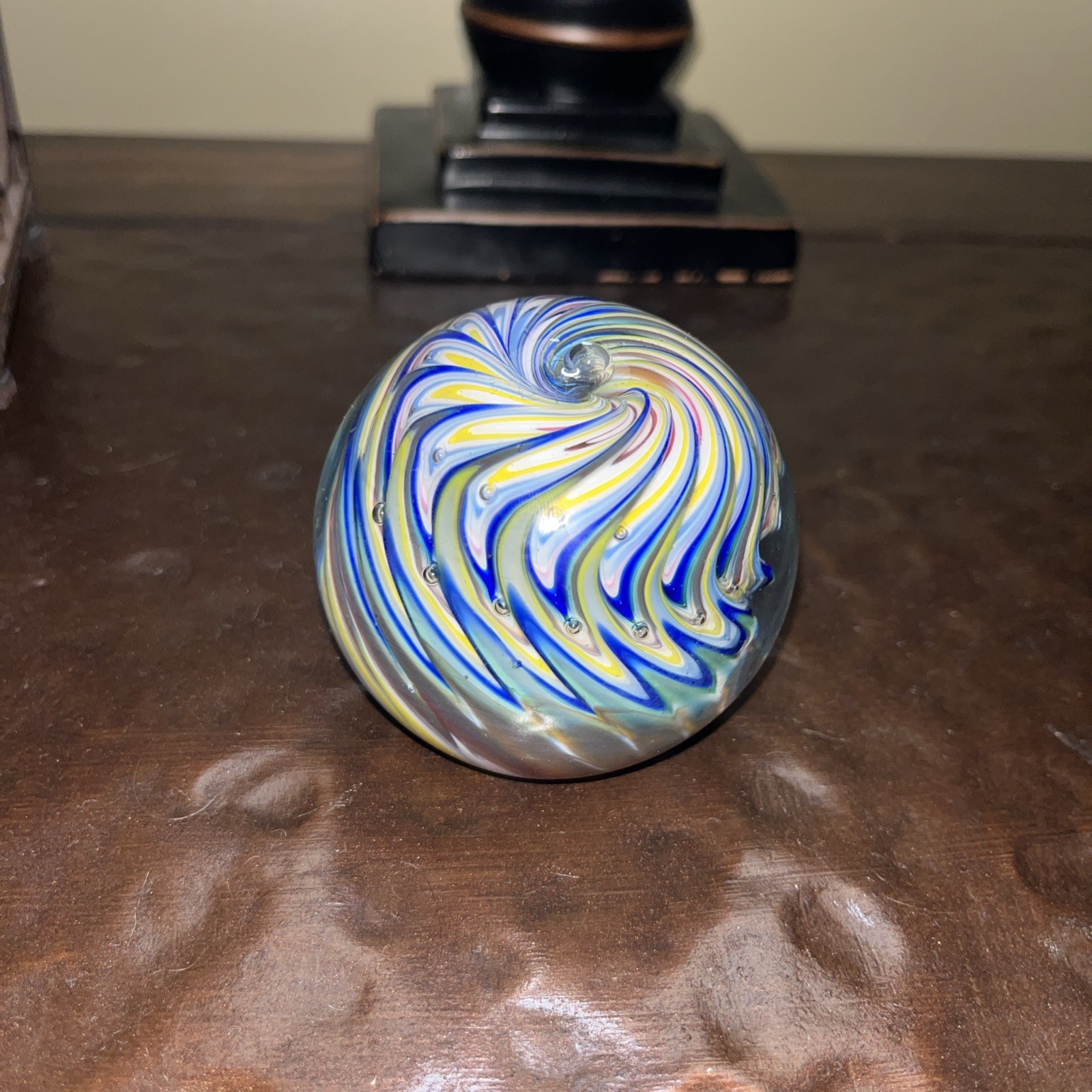 VTG SAM HOGUE MARBLE SIGNED 05 HANDMADE GLASS ART blue,yellow,greenish & pinkish VTG SAM HOGUE MARBLE SIGNED 05 HANDMADE GLASS ART blue,yellow,greenish & pinkish