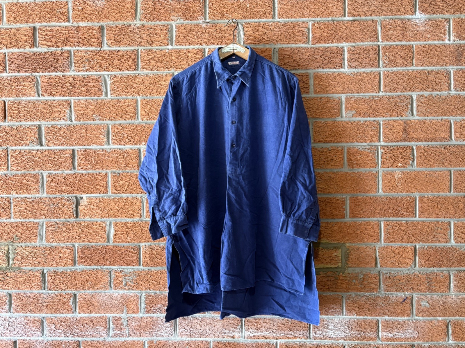 Vintage 40s 50s French Indigo Cotton Pullover Work Shirt Peasant Farmer Antique
