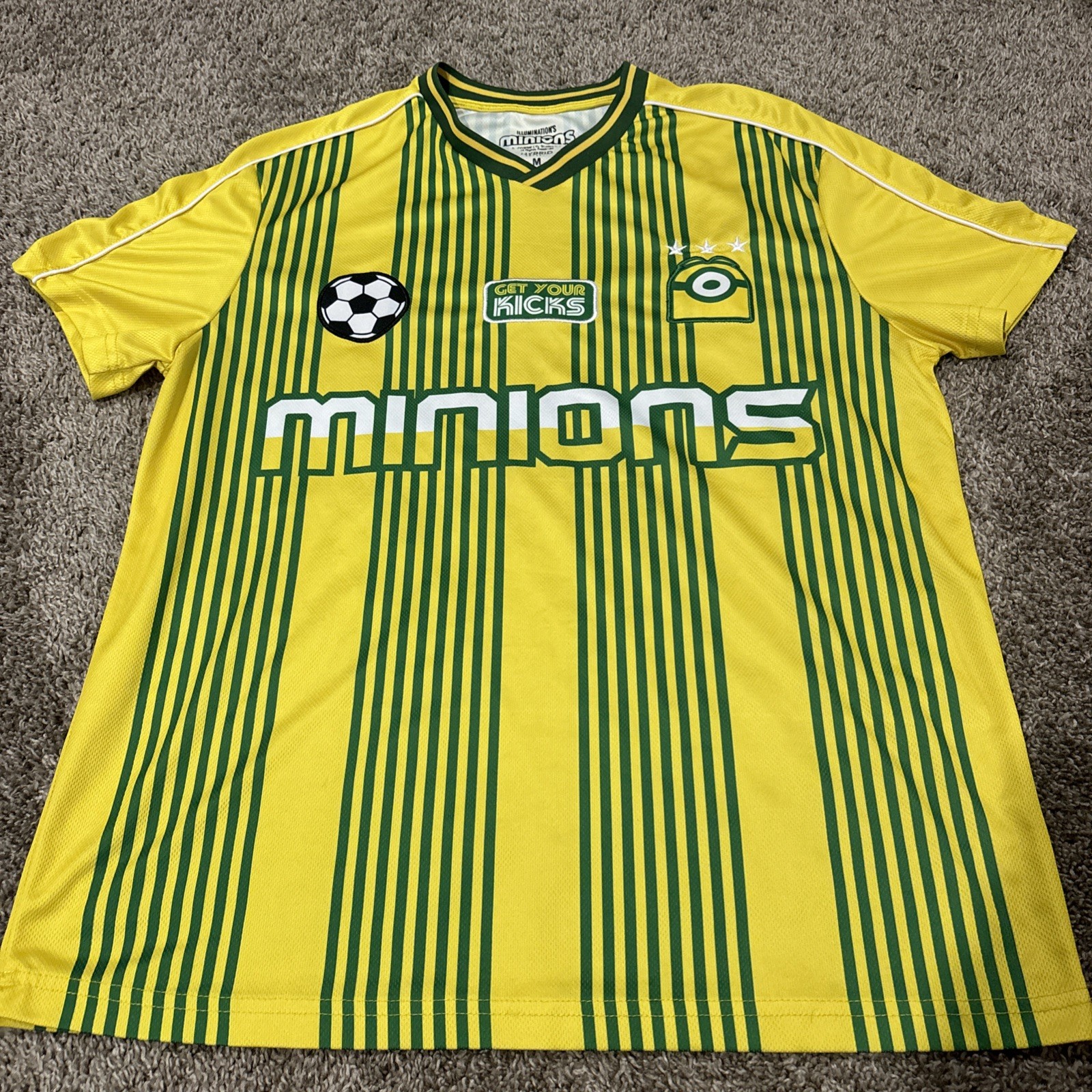 Minions Despicable Me Jersey Tee Mens Medium Yellow Striped Graphic Shirt Minions Despicable Me Jersey Tee Mens Medium Yellow Striped Graphic Shirt