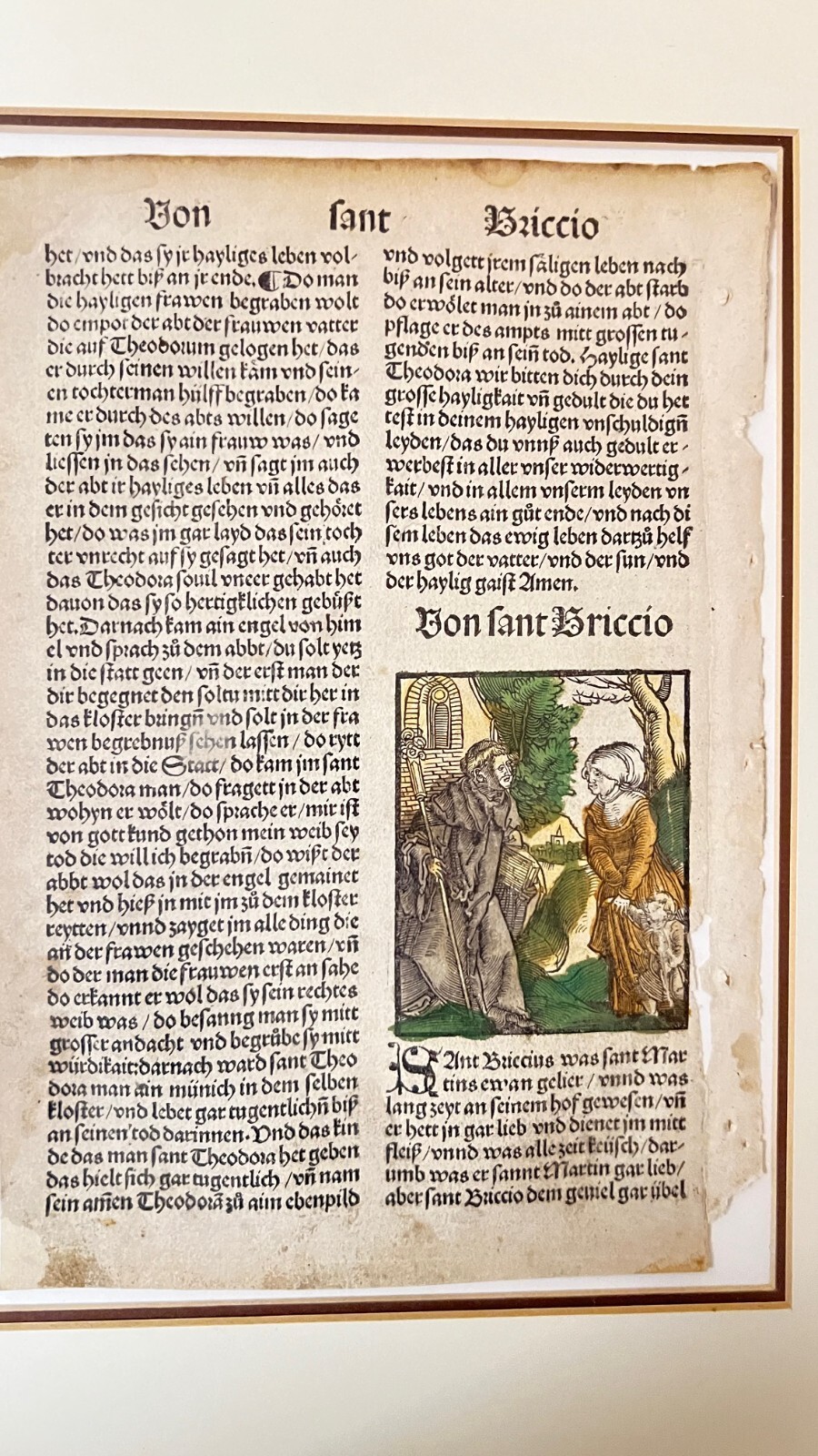 Single Leaf, 15th-Century Incunabulum – Von sant Briccio with hand-colored pic Single Leaf, 15th-Century Incunabulum – Von sant Briccio with hand-colored pic
