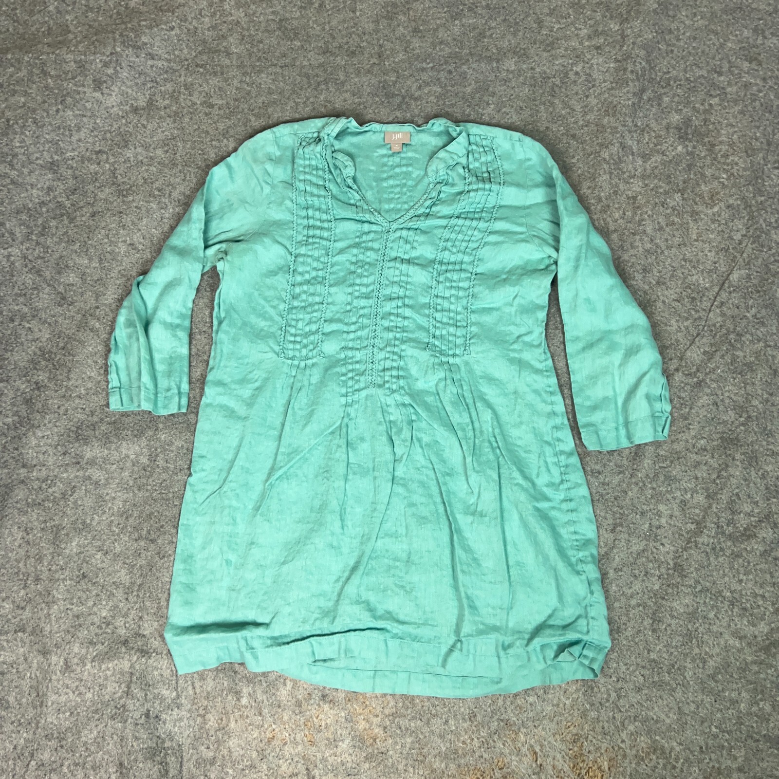 J Jill Womens Tunic Medium Blue Green Linen Shirt Flowy Coastal Boho Lagenlook