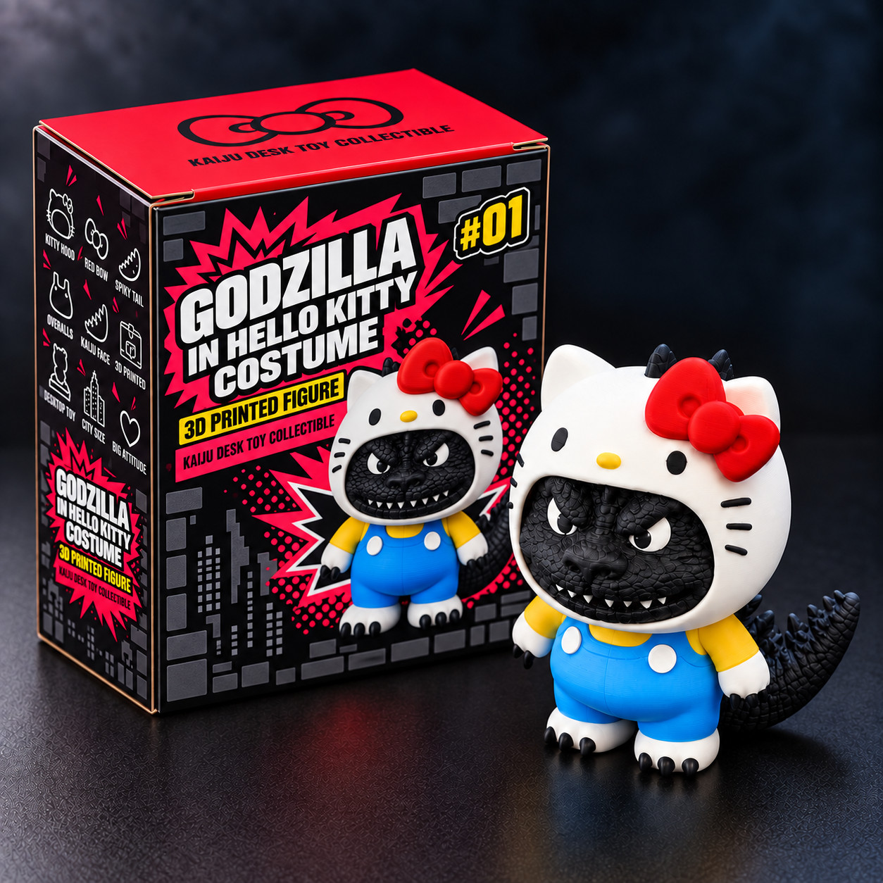 Godzilla in Hello Kitty Costume 3D Printed Figure with Box - Kaiju Sanrio Mashup