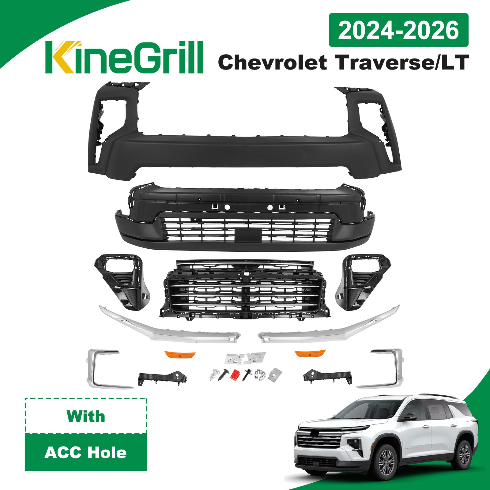 For 2024-26 Chevrolet Traverse LT W/ Grille W/ ACC Holes Front Bumper Cover Kit