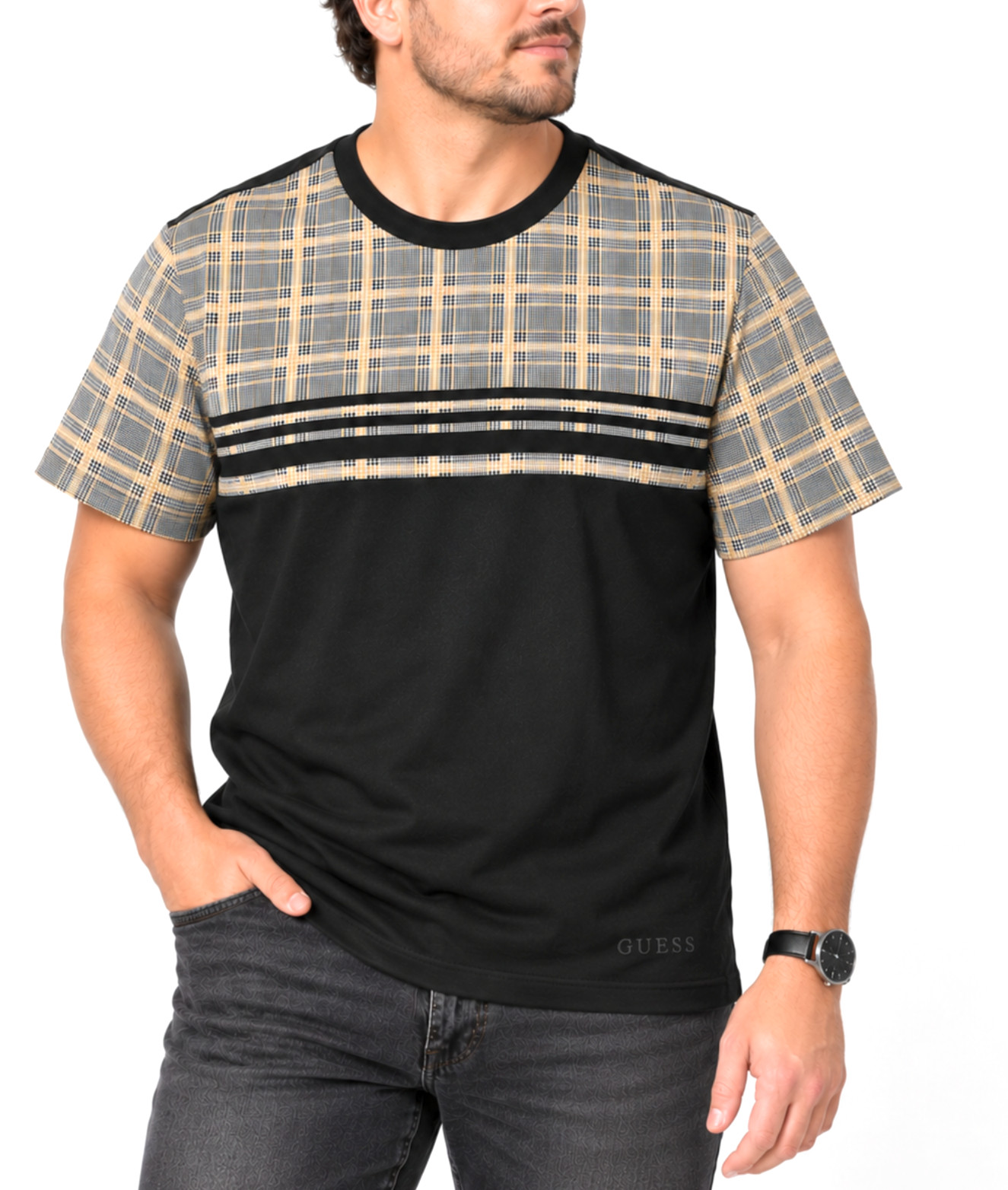 GUESS Men\'s XL Black Plaid Color Block T-Shirt Short Sleeve 100% Cotton NWT