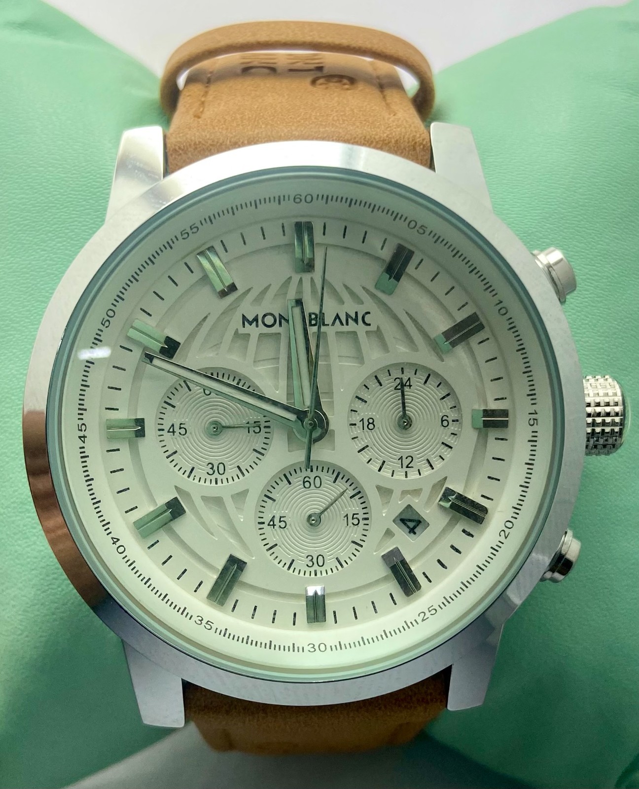 Refurbished Montblanc Chronograph White Dial Men\'s Quartz Watch Leather Strap