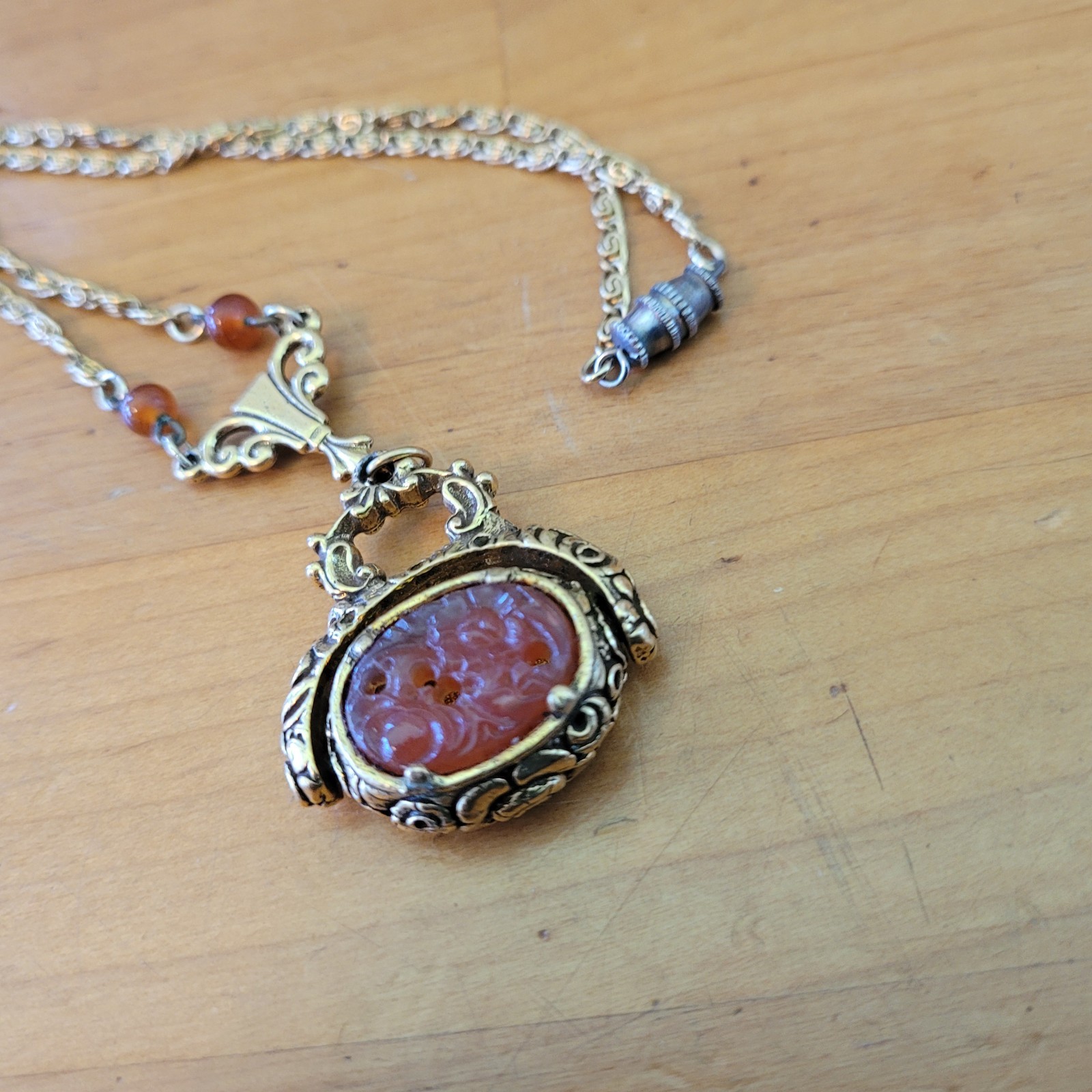 Vintage Libra Zodiac Necklace Carved Pink Glass Ornate Pendant 25g